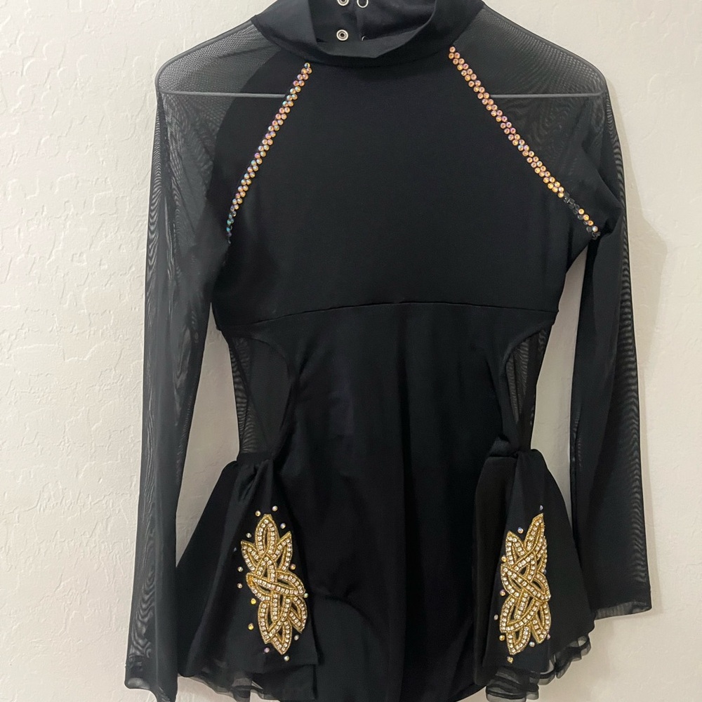 Black Long Sleeve Dance Costume with Gold Embellishments